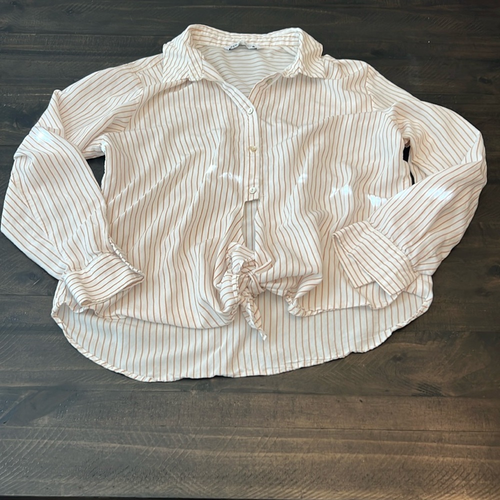 Zara Striped Button-Up Shirt front tie gold stripes Large